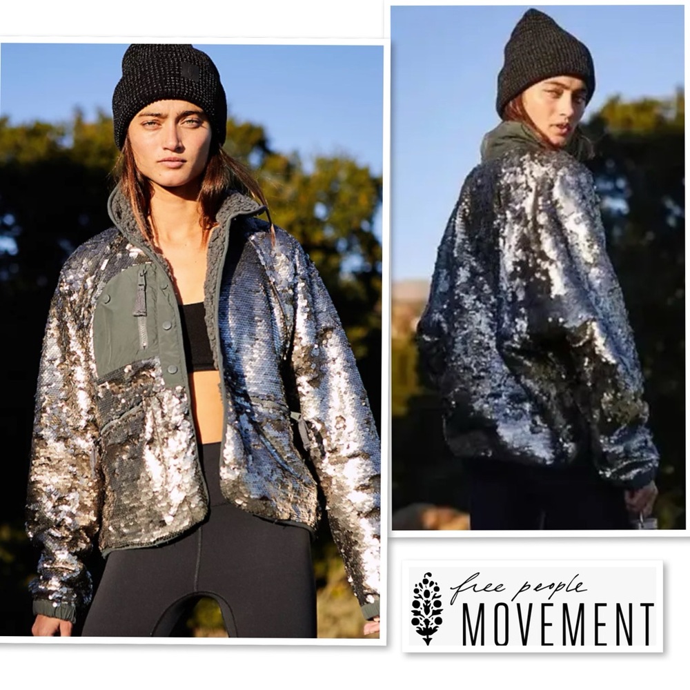 NWT Free People Movement Hit The Slopes Sequin Jacket S Silver Metallic Sherpa - Picture 3 of 16